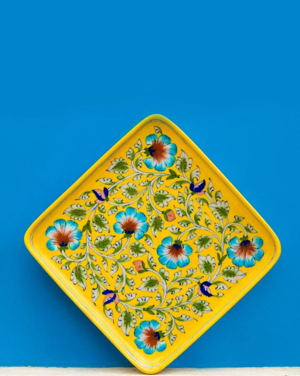 7_1_ Blue Pottery Floral Design Tray- Yellow - Image 1